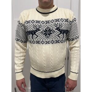 VTG JCPenney Mens Cream White Lrg Nordic Deer Fisherman Dad Ireland Grandpa